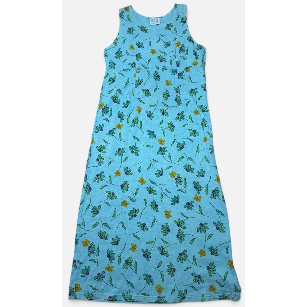 Vintage Fresh Produce Maxi Dress Womens L Blue Floral Butterfly Side Button 90s